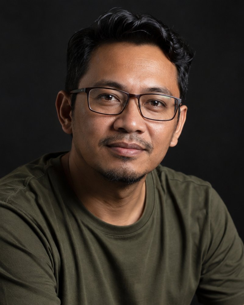 Faizal Hamzah, cermin mata, baju hijau lumut polos, studio gelap
