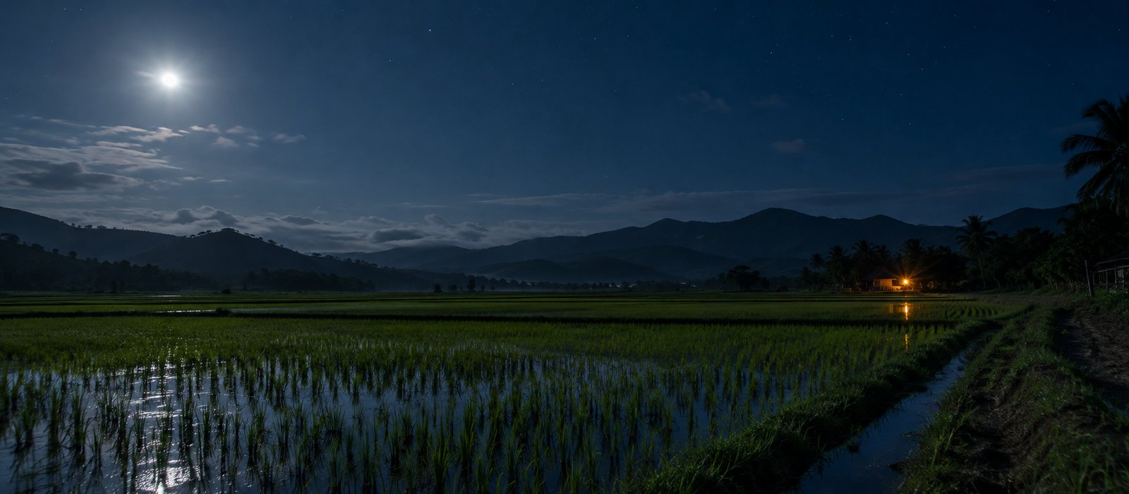 Tepi sawah pada malam, satu tanglung jauh, bulan di langit, tanpa siluet